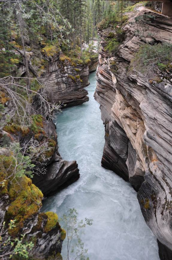 Rio corta canyon através de diversas camadas de rocha, em Athabasca Falls, no Jasper National Park, em Alberta, no Canadá